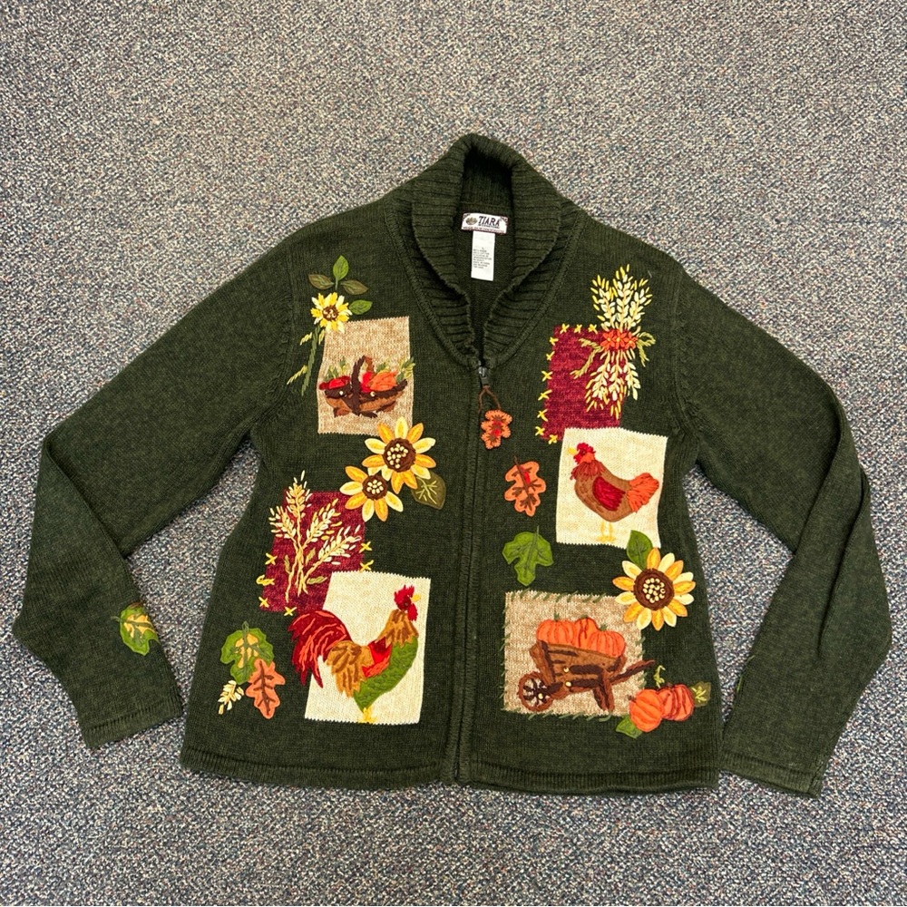 Vintage Tiara Cotton Harvest Cardigan Embellished Thanksgiving Autumn Sweater L
